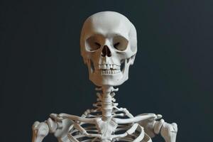 A skeleton is standing in front of a black background photo