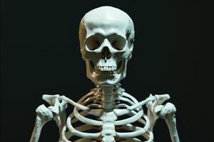 A skeleton is standing in front of a black background photo