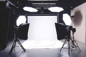 A photo studio with lights and a white backdrop