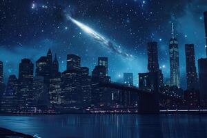 A city at night with a comet in the sky photo