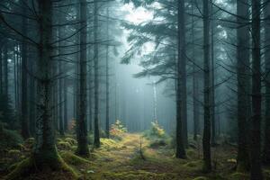 A path through a forest with trees and fog photo