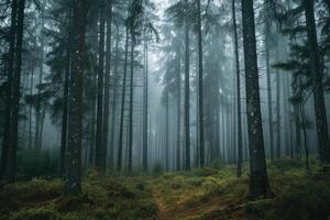A forest with tall trees and fog photo