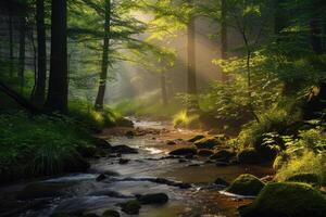 A stream runs through a forest with trees and grass photo