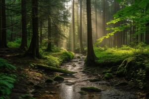 A stream runs through a forest with sunlight shining through the trees photo