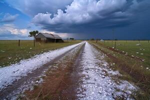 A dirt road with a house and a field photo