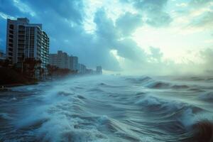 A view of the ocean with waves crashing into buildings photo