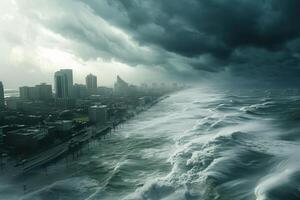 A stormy ocean with a city in the background photo