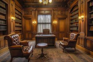 A library room with two chairs and a desk photo