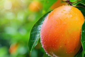 A mango on a tree with water drops on it photo