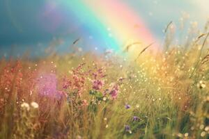 A field with grass and flowers under a rainbow photo