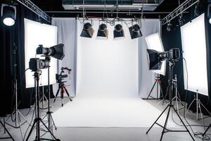 Photo studio with lighting equipment and white backdrop
