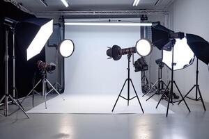 A photo studio with lighting equipment and a white backdrop