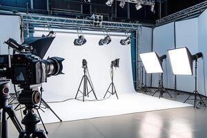 A photo studio with lighting equipment and a white backdrop