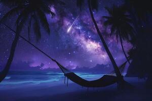 Hammock on the beach with palm trees and stars photo