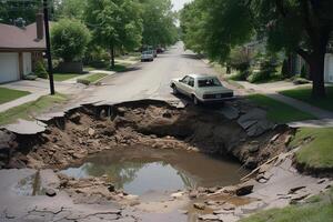 A car is parked in a hole in the road photo