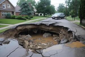 A large hole in the road that is filled with water photo