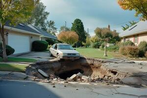 A car is sitting in a hole in the ground photo