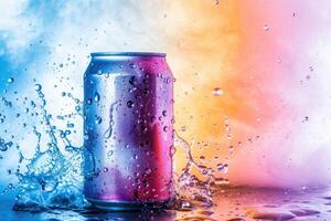 A can of soda with water splashing on it photo