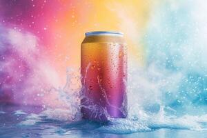 A can of beer is splashed with colored water photo