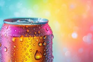 A can of soda with water droplets on the colorful background photo