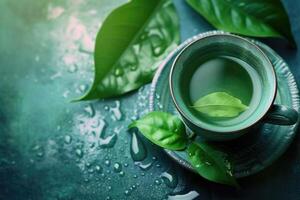Green tea cup with leaves on a dark background photo