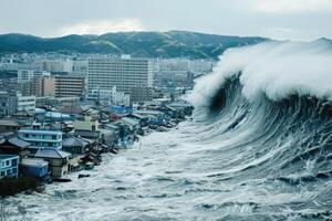 A large wave crashing over a city with houses photo