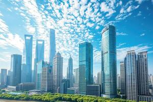 Shanghai skyline with blue sky and clouds photo