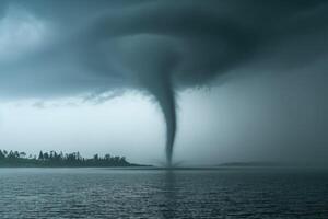A tornado is seen in the sky over a body of water photo