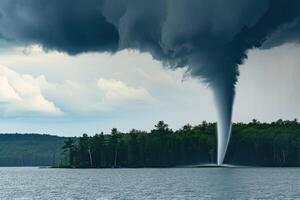 A tornado is seen in the sky over a lake photo
