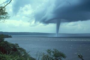 A large funnel cloud is seen over a body of water photo