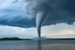 A tornado is seen coming out of the water photo