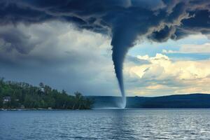 A tornado is seen over a lake with a house in the background photo