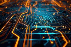 A close up of a circuit board with glowing lines photo
