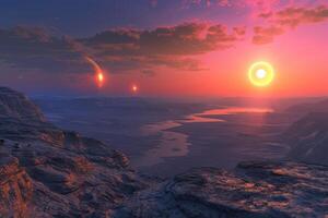 An alien landscape with a sun and two planets photo