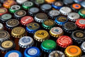 A close up of many different beer caps photo