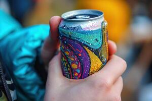 A person holding a can of beer with colorful designs photo
