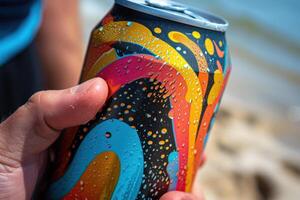 A person holding a can of soda with a colorful swirl on it photo