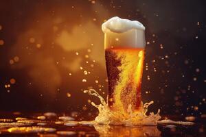 Beer glass with foam and splash on dark background photo