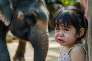 A little girl is crying next to an elephant photo