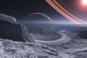 An alien landscape with a road and a planet in the background photo