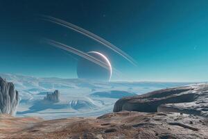 An alien planet with a ring and a mountain in the distance photo