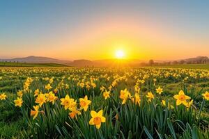 Daffodils in a field at sunrise photo