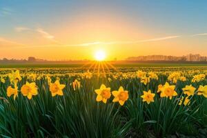 Daffodils in the field at sunrise photo
