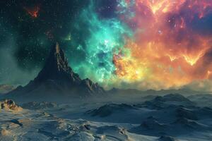 A colorful aurora over a mountain range photo