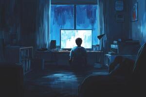 A man sitting in front of a computer screen at night photo