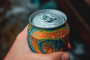 A person holding a can of soda with water droplets on it photo