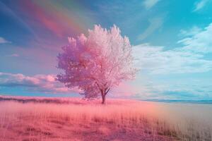 A tree in a field with a rainbow in the sky photo