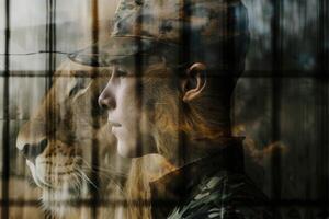 A man in a military uniform is looking at a lion photo