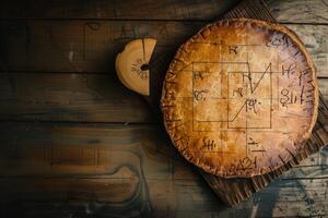 A pie with a map on it sitting on a wooden table photo
