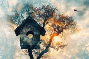 A birdhouse in the sky with a tree in the background photo